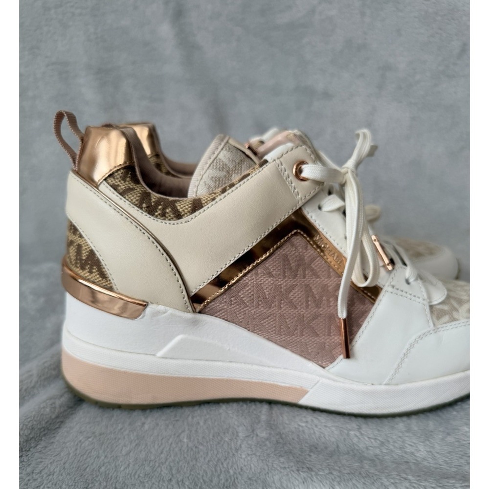 Michael Kors Rose Gold Georgie Trainer Sneakers Heels SZ 9 Leather Canvas Pink - Picture 5 of 9